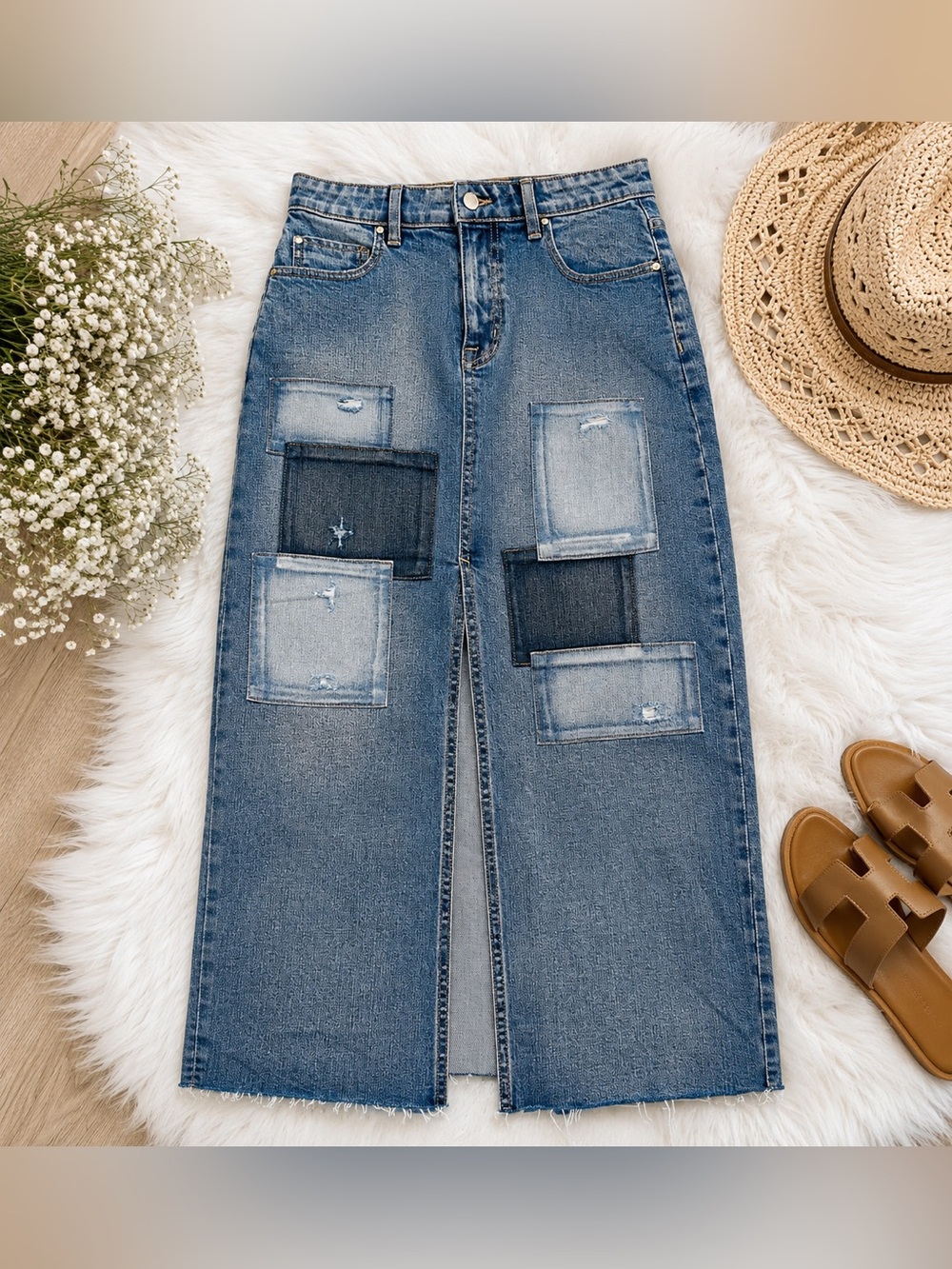 Fidelity Denim Sparky Patchwork Midi Denim Skirt NWT Raw Hem Slit Skirt Size 26